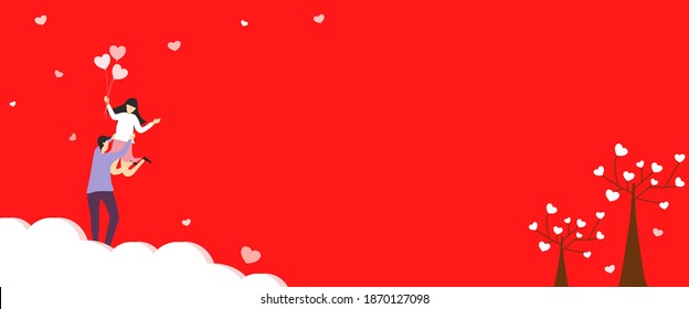 Vector - Happy couple lover with white cloud and many mini hearts on red background. Copy space. Can be use for invitation, card, banner. Valentine’s day.