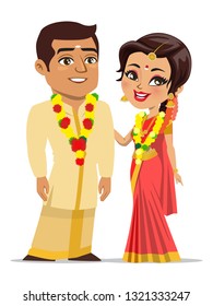 A vector of a happy couple from the south Indian state of Kerala (Keralite) who are recently married and are wearing traditional marriage outfit (Mundu, lungi, saree), jewelry and flower garlands.