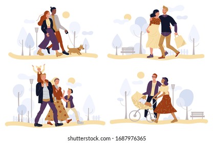 Vector happy couple walks park set. Pair woman and man walking dog. Pregnant mom and young dad outdoors. Big happy family with children different ages. Parents with newborn baby in stroller at street