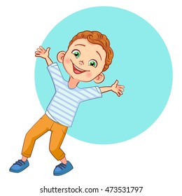 Vector happy curly-haired boy in a striped shirt with a big smile raises hands up.