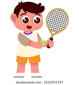 Vector of a happy, cute boy playing tennis, shown in an active, playful stance. A simple, bold flat design with vibrant colors, perfect for themes of sports and childhood joy