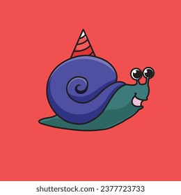 Vector happy cute cartoon snail with a blue shell animal and leaves happy birthday card