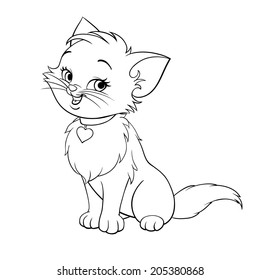 Vector happy cute fun kitten cartoon smiling character cat line art coloring book black and white drawing illustration