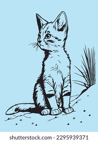 Vector happy cute fun kitten cartoon smiling character cat line art coloring book black and white drawing illustration.