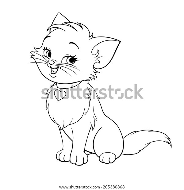 ベクターハッピーで楽しい子猫漫画に笑顔を見せる猫ラインアート着色本白黒描画イラスト のベクター画像素材 ロイヤリティフリー