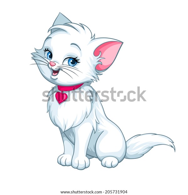 矢量快乐可爱趣味白色小猫卡通微笑角色猫配红粉色心插图隔离在白色背景库存矢量图 免版税