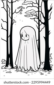 Vector happy cute ghost  Halloween  Vector drawing  cartoon sad character little ghost line art coloring book black   white drawing illustration 
