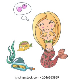 Vector Happy cute little siren mermaid, bottle with a note and tropic fish. Hand drawn illustration.