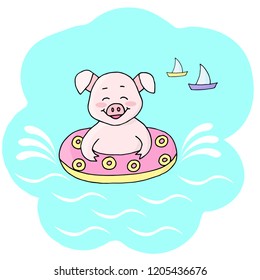 Vector happy cute pig swimming in the sea in a rubber ring on holiday. Symbol of 2019 new year.