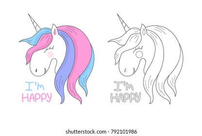 Vector happy cute unicorn isolated on white background. Head portrait horse, outline, contour. T-shirt graphic for kid's clothing. Use for print design, surface design, fashion