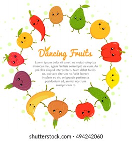 Vector happy dancing vegetables and fruits. fruit cute cartoon faces. Use for prints, menu, cards, banners.