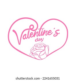 Vector of Happy Valentine’s Day with typography frame design and blooming rose for greeting card, poster or banner isolated on white background.