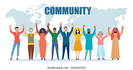 Vector of happy diverse multiethnic people standing together holding hands. Multicultural community concept 