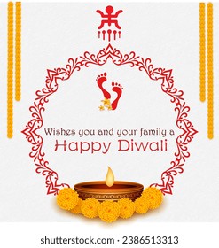 Vector feliz diwali decorativo lámpara de aceite tarjeta de celebración del festival con arte mandala y fondo del logo de esvástica