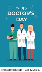 Vector Happy doctor's day greeting card template. Thank you doctor concept illustration. Medical personnel on blue background