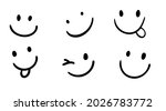 Vector Happy Doodle Smile Collection Isolated on White Background. Simple Faces. Cute Icon Set.