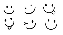 Vector Happy Doodle Smile Collection Isolated On White Background. Simple Faces. Cute Icon Set.