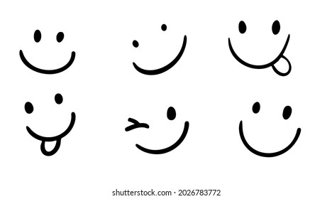 Vector Happy Doodle Smile Collection Isolated on White Background. Simple Faces. Cute Icon Set. - Shutterstock ID 2026783772