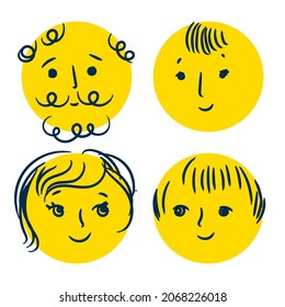 Vector Happy Doodle Smile Collection Isolated on White Background. Simple Faces. Cute Icon Set.