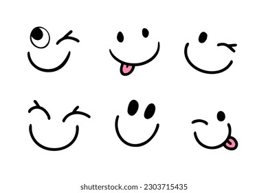 	
Vector Happy Doodle Smile Collection Isolated on White Background. Simple Faces. 