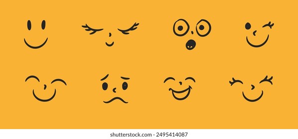 Vector Happy Doodle Smile Collection Isolated on White Background. Simple Faces. Cute Icon Set