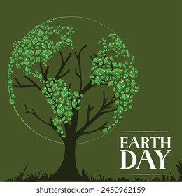 Vector Happy earth day. Ecology concept. Design with globe map drawing and leaves on light brown background.