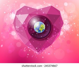 Vector Happy earth day pink heart of polygons with planet inside a soft background with bokeh. Love and care