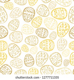 Vector happy easter background. Gold eggs on bwhite cartoon doodle print design. Holiday hand drawn seamless pattern