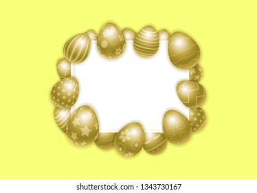 Vector Happy Easter background with golden eggs. Template for promotion, ad, sale, flyer, greeting card, poster, invitation, banner, offer. Frame for the text. Three-dimensional illustration. Eps 10.