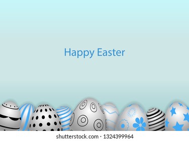 Vector Happy Easter background with realistic decorated eggs. Perfect Easter holiday template for promotion, ad, sale, flyer, greeting card, invitation, banner. Three-dimensional illustration. Eps 10.