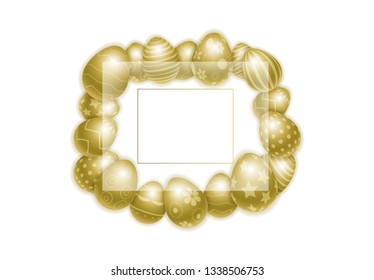 Vector Happy Easter background with realistic golden eggs. Perfect Easter holiday template for promotion, ad, sale, poster, invitation, banner, offer. Frame for the text. 3D illustration. Eps 10.