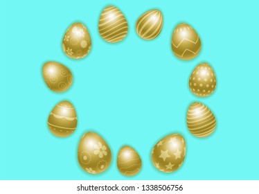 Vector Happy Easter background with realistic decorated eggs. Perfect Easter holiday template for flyer, greeting card, poster, invitation. Frame for the text.Three-dimensional illustration. Eps 10.