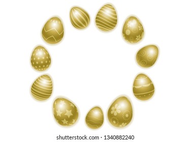 Vector Happy Easter background with realistic decorated golden eggs. Easter template for ad, sale, flyer, greeting card, poster, invitation, banner, offer. Frame for the text. 3D illustration. Eps 10.