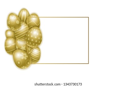 Vector Happy Easter background with realistic decorated golden eggs. Perfect Easter holiday template for banner, offer. Frame for the text. Three-dimensional illustration. Eps 10.