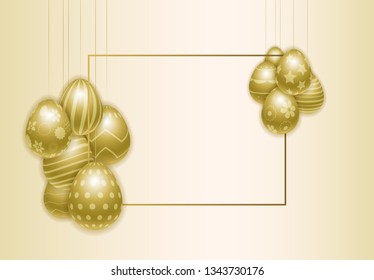 Vector Happy Easter background with realistic painted golden eggs. Perfect Easter template for greeting card, poster, invitation, banner. Frame for the text. Three-dimensional illustration. Eps 10.