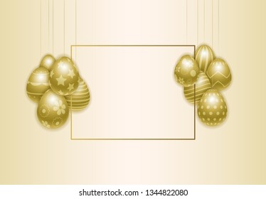 Vector Happy Easter background with realistic painted golden eggs. Perfect Easter holiday template for card, poster, invitation, banner, offer. Frame for the text. 3D illustration. Eps 10.