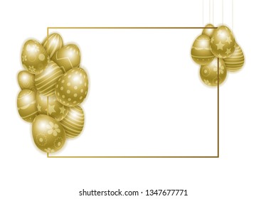 Vector Happy Easter background with realistic decorated golden eggs. Perfect Easter holiday template for banner, offer. Frame for the text. Three-dimensional illustration. Eps 10.