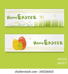 Vector Happy Easter banner with hand-drawn eggs, letters and grass