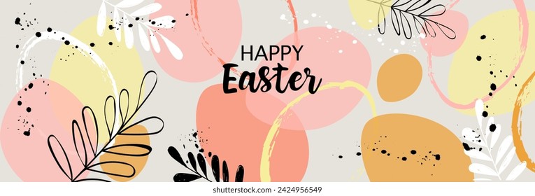 Vector Happy Easter banner Diseño de Pascua de moda, elementos pintados a mano, siluetas de huevos y hojas de flores en colores pastel. Estilo minimalista plano moderno. Póster horizontal, tarjeta de felicitación, cabeza