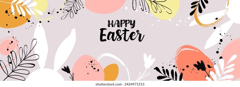  Vector Happy Easter banner Trendy Easter design, hand painted elements, silhouettes of eggs and leaves flowers in pastel colors. Modern flat minimalistic style. Horizontal poster, greeting card