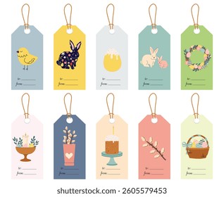 Vector Happy Easter big label tags set in hand drawn style. Springtime doodle designs for decorating gifts, banners, postcards, greeting cards. Spring season collection in flat style.