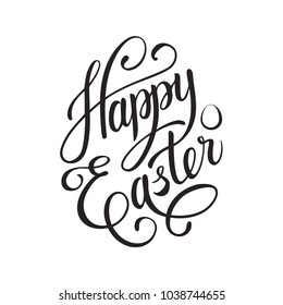 Vector Happy Easter black typographic calligraphic lettering  isolated on white background. Retro holiday easter badge. Religious holiday sign.