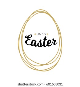 Vector Happy Easter black typographic calligraphic lettering with gold scribble egg frame  isolated on white background. Retro holiday easter badge. Religious holiday sign.