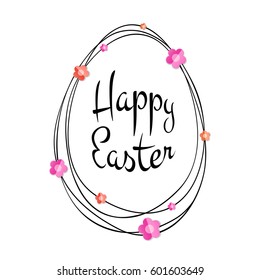 Vector Happy Easter black typographic calligraphic lettering with gold scribble egg frame and colorful paper flowers isolated on white background. Retro holiday easter badge. Religious holiday sign.