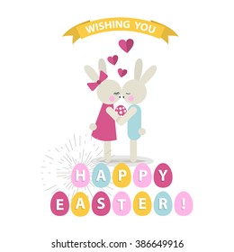 Vector Happy Easter bunnies,eggs,heart,ribbon