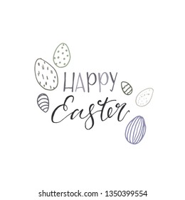 Vector Happy easter card with blue eggs. Hand painted illustration isolated on white background. Illustration for design, print, background