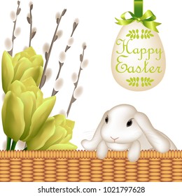 Vector happy easter card. Cute white easter bunny with flop eared in woven basket, tulip flowers and willow twigs, Hanging egg with bow and text.