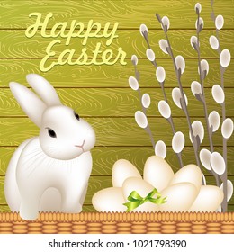 Vector happy easter card. Cute white easter bunny in woven basket, easter eggs and willow twigs, Wooden background.