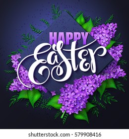 vector happy easter card with lettering, rhombus, lilac flowers bouquet and doodle branches