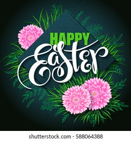 vector happy easter card with lettering, rhombus, chrysanthemum flowers , spring grass and doodle branches.